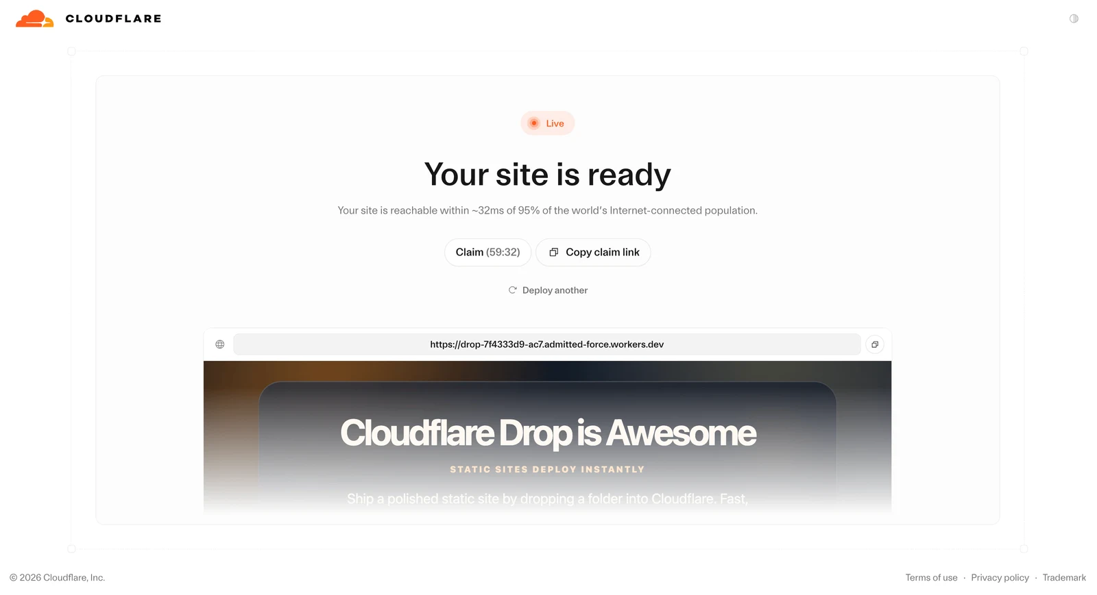 공개 URL과 미리보기, Claim 및 Copy claim link 버튼이 있는 Cloudflare 공식 배포 예시