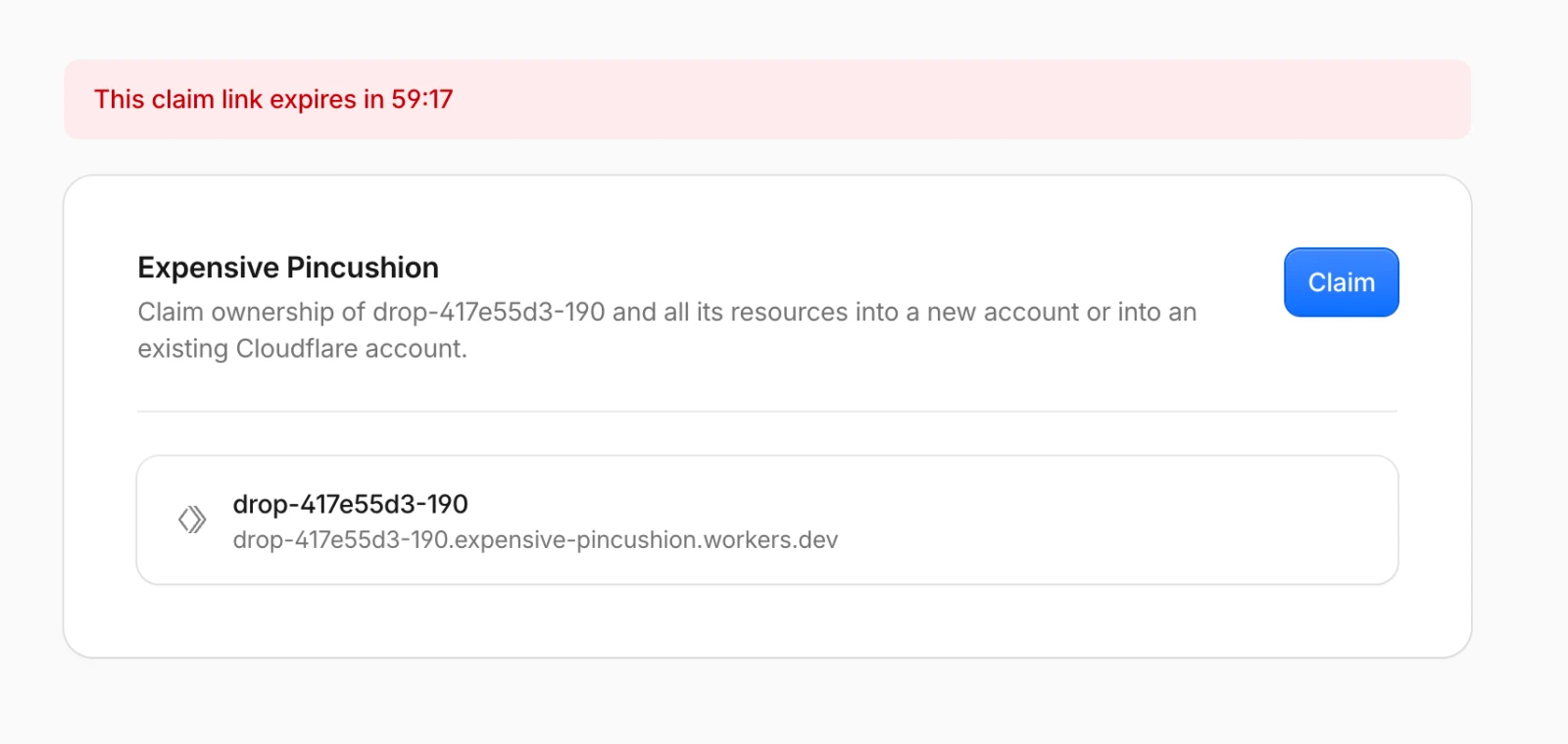 남은 시간과 Claim 버튼을 보여주는 Cloudflare 공식 소유권 연결 예시