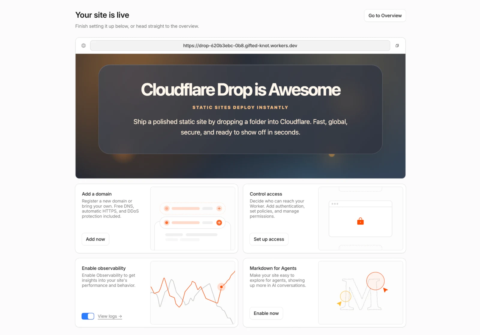 도메인과 접근 제한, 로그, Markdown 설정을 보여주는 Cloudflare 공식 예시