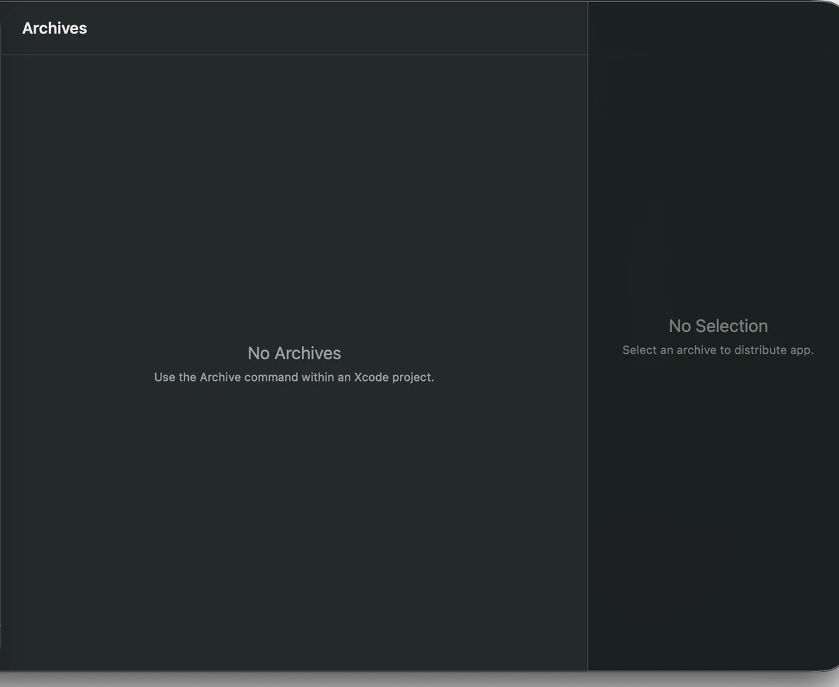 Xcode Organizer의 Archives 화면과 앱 배포 안내
