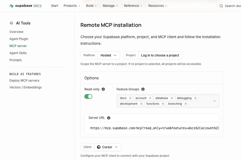 Supabase MCP 공식 설치 패널의 Hosted 선택과 프로젝트 로그인 링크, 켜진 Read-only 옵션