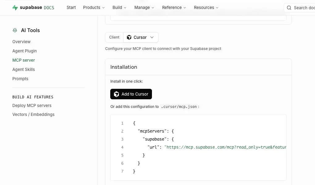 Cursor용 설치 안내의 Add to Cursor 버튼과 URL 기반 mcp.json 설정 예제